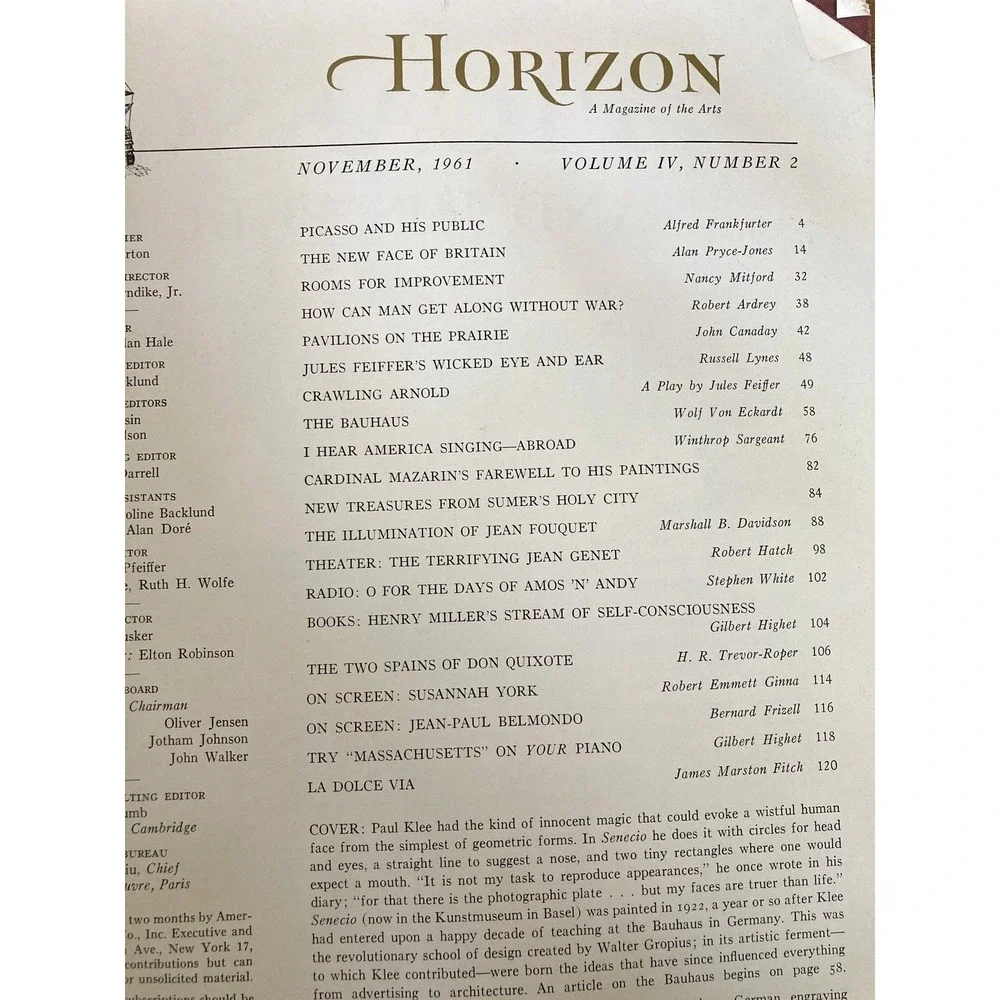Vintage Horizon hard cover arts magazine Nov 1961 Klee Picasso Bauhaus Feiffer